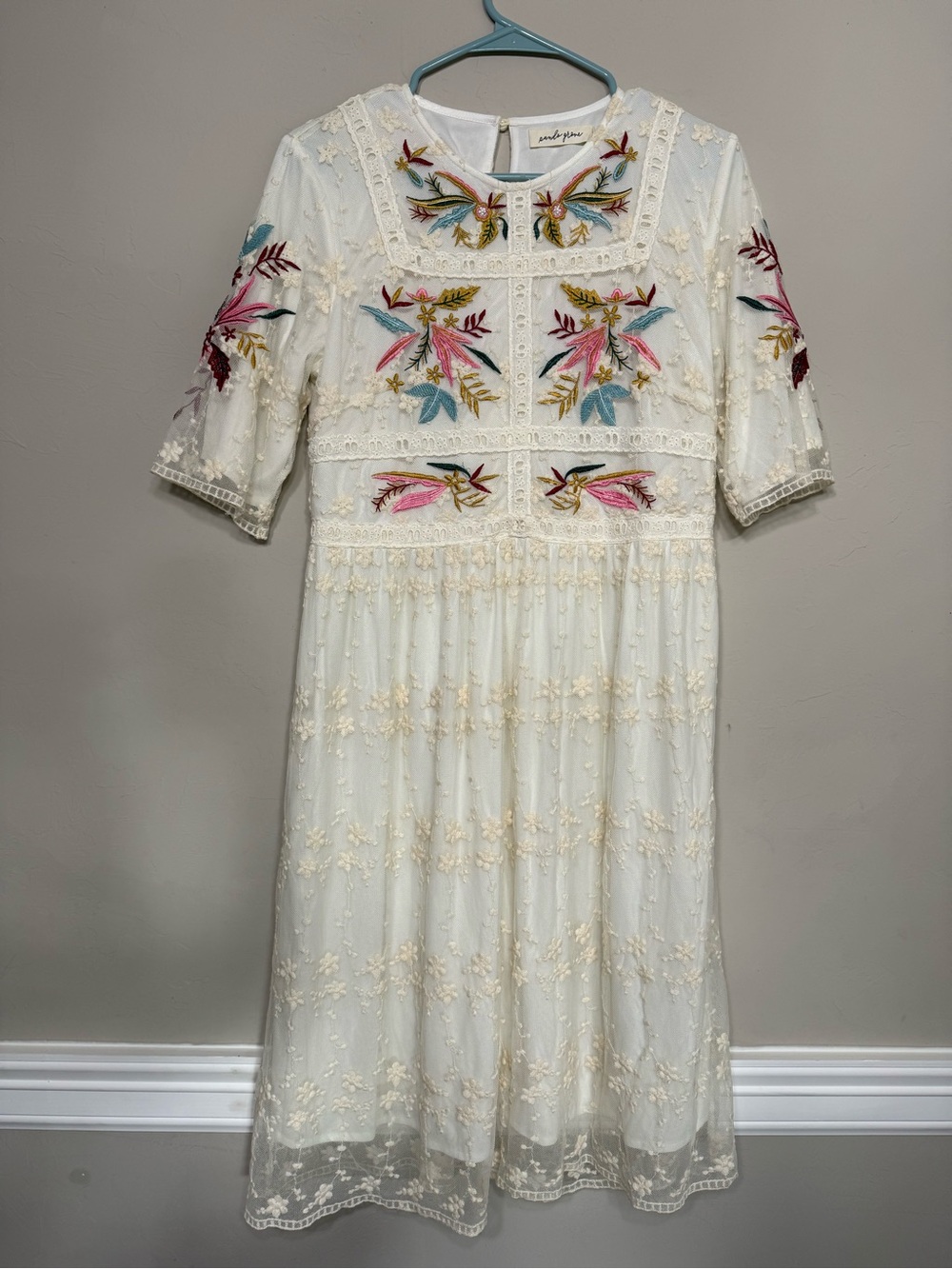Ivory Midi Dress with Pink, Blue & Green Embroidery